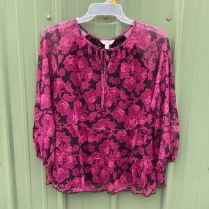 Women's Plus Size Print Mesh Peplum Peasant Top with Long Sleeves Size 0X (14W)